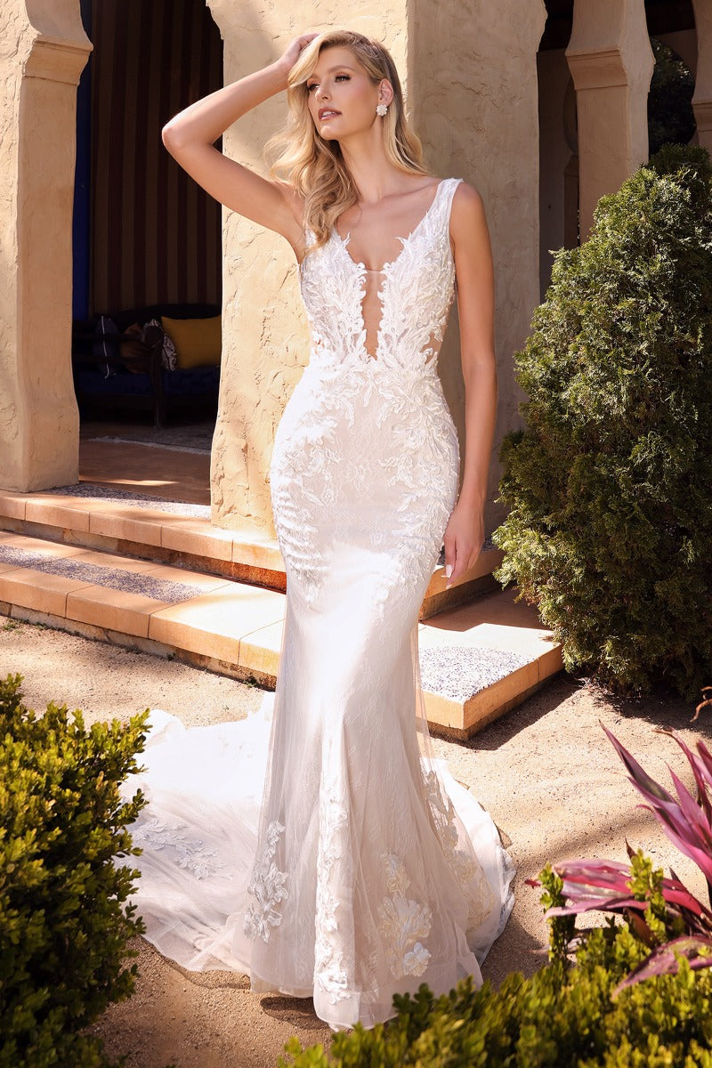 Avery Lace Bodice Illusion V-Neck Long Wedding Dress CDA1072W